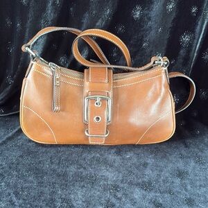 Coach Tan and Brown Leather Shoulder Bag with Silver Buckle